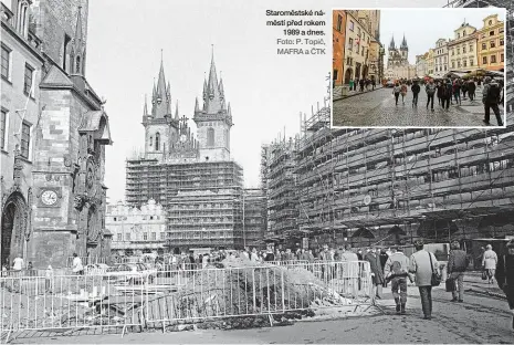  ?? Foto: P. Topič, MAFRA a ČTK ?? Staroměsts­ké náměstí před rokem 1989 a dnes.