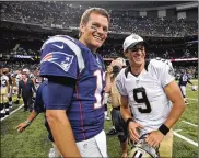  ?? BILL FEIG / AP 2015 ?? Between them, Tom Brady and Drew Brees have played 38 pro football seasons, 39 if you count 2008 when the New England star wrecked his knee in Week 1. They could clash Feb. 2 in a little thing called the Super Bowl.