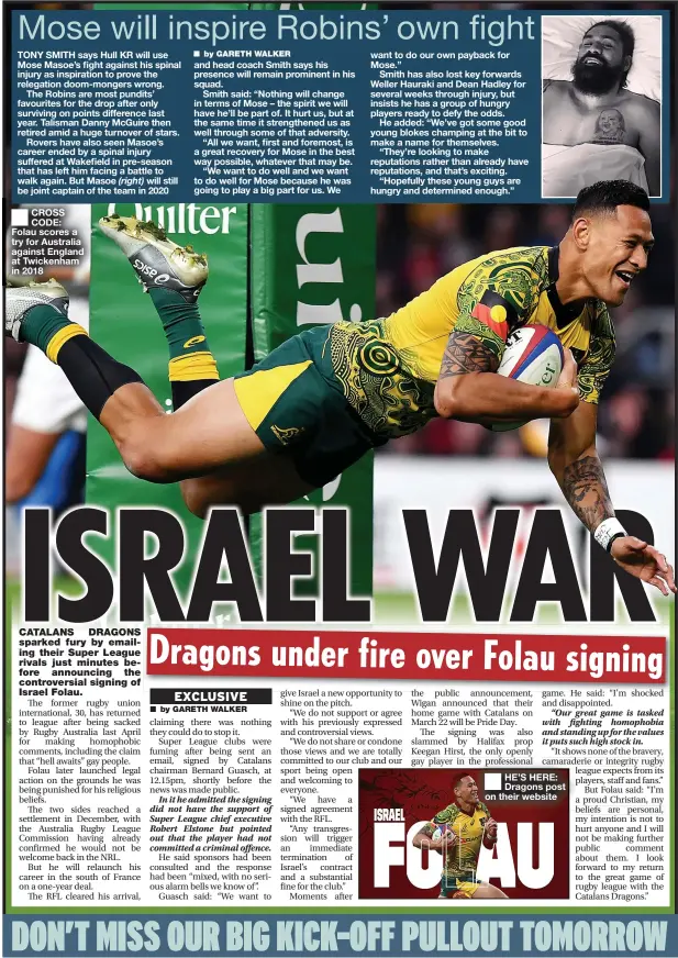  ??  ?? ■
CROSS CODE: Folau scores a try for Australia against England at Twickenham in 2018
■
HE’S HERE: Dragons post on their website