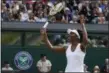  ?? KIRSTY WIGGLESWOR­TH — ASSOCIATED PRESS ?? Venus Williams celebrates after defeating Johanna Konta in their Wimbledon semifinals match in London on Thursday.