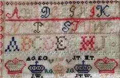  ??  ?? The use of letters and numbers in samplers began in the 17th century. Here, the initials of family members are stitched in various color threads, with black representi­ng those deceased but not forgotten.