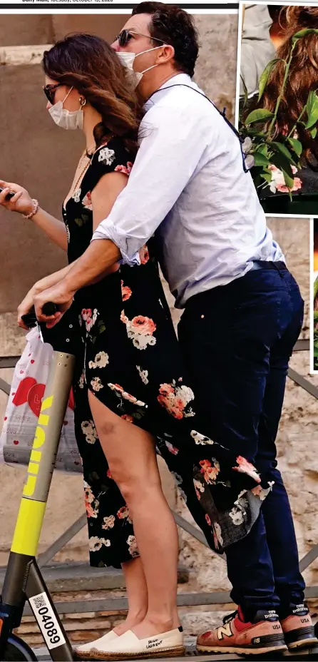  ??  ?? When in Rome: Lily James and her Pursuit Of Love co-star Dominic West whizz around the city on a scooter last weekend. Top right, the actors kiss and canoodle over lunch in the Italian sunshine