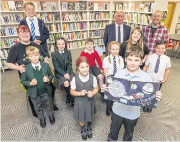  ??  ?? Bookbugs Ellis Bridgeford and Graeme Klar are pictured with Councillor Craig, author Alan Windram, and library staff Audrey Conlin and Helen Findlay