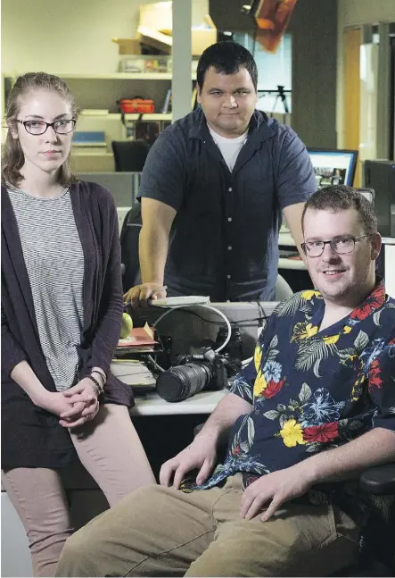  ?? SHAUGHN BUTTS ?? Fort McMurray Today staff members, from left, Olivia Condon, Vincent McDermott and Robert Murray have been working in the offices of the Edmonton Journal since they were evacuated from Ft. McMurray.