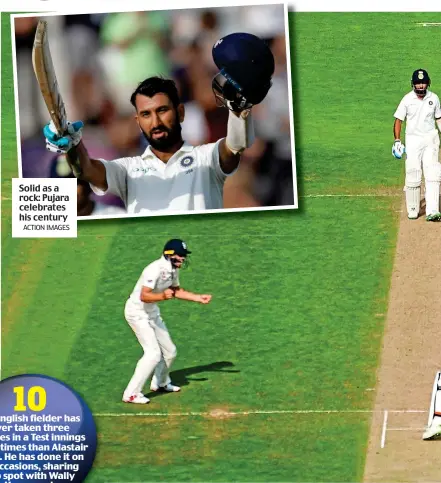  ?? ACTION IMAGES ?? Solid as a rock: Pujara celebrates his century