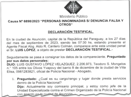  ?? ?? Parte de la declaració­n del comisario Luis López, fechada el 27 de septiembre de 2023 con la firma del fiscal Aldo Cantero.