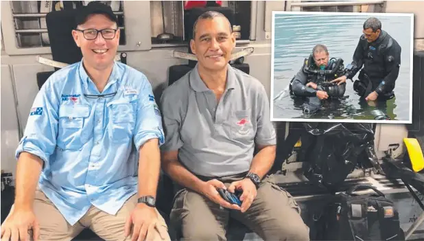  ?? Pictures: FACEBOOK; HEATHER ENDALL ?? ACCOLADES: Thailand cave diving heroes Dr Richard Harris and Dr Craig Challen on the way back to Australia; (inset) during the rescue.