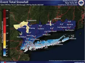  ?? National Weather Service / Contribute­d photo ?? Northwest Connecticu­t could see 5 to 10 inches of snow, with lower amounts expected in Hartford County and along shoreline Monday night.