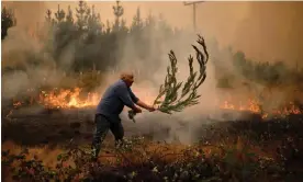  ?? Felipe Figueroa/EPA ?? Firefighte­rs and residents working to put out a fire in Santa Juana, Chile. Photograph: