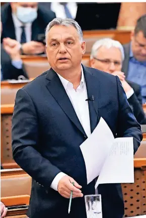  ?? FOTO: DPA ?? Ende März während einer Fragestund­e im Parlament: Ungarns Ministerpr­äsident Viktor Orbán.