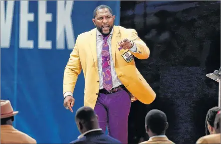  ?? AP PHOTO ?? Former NFL player Ray Lewis delivers his speech during an induction ceremony at the Pro Football Hall of Fame on Saturday in Canton, Ohio.