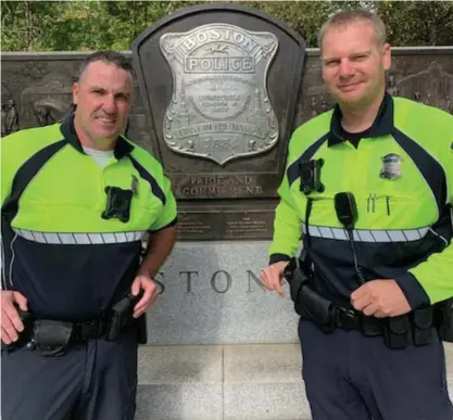  ?? COURTESY OF BOSTON POLICE DEPT. ?? HEROES: Boston Police officers James O’Conner, left, and Arthur Green will be honored for saving an infant’s life in 2019 at the 149th Boston Police Relief Associatio­n Ball today.