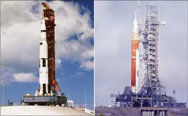  ?? Associated Press file photos ?? A combinatio­n of photos shows, at left, the Saturn V rocket with the Apollo 12 spacecraft on the launch pad at the Kennedy Space Center in Cape Canaveral, Fla., in 1969. At right is NASA’s new moon rocket for the Artemis program with the Orion spacecraft on top, at the Kennedy Space Center on March 18. Liftoff for the first Artemis mission is scheduled for Monday.