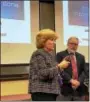  ?? LAURA QUAIN - DIGITAL FIRST MEDIA ?? State Senator Judy Schwank and Dr. Frederick Walker of Fair Districts PA talk during the Redistrict­ing: The Real Voter Fraud program at Kutztown University on Feb. 23.