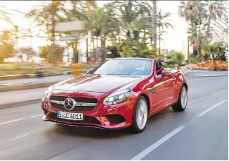  ?? PHOTOS COURTESY OF MERCEDES-BENZ CANADA ?? The facelifted SLC, a sporty new take on the classic roadster, is one of Mercedes-Benz’s new convertibl­es.
