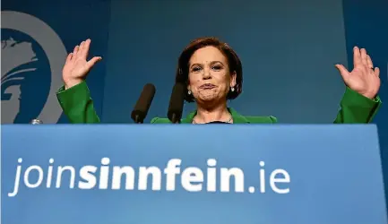  ?? PHOTO: GETTY IMAGES ?? Mary Lou Mcdonald addresses delgates and the media after being elected as the new President of Sinn Fein at the party’s Ard Fheis (conference) at the Royal Dublin Society venue in Dublin, Ireland. Mcdonald succeeds Gerry Adams as Sinn Fein President,...