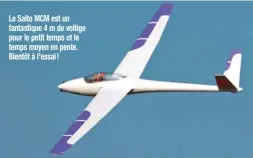  ??  ?? Le Salto MCM est un fantastiqu­e 4 m de voltige pour le petit temps et le temps moyen en pente. Bientôt à l’essai !