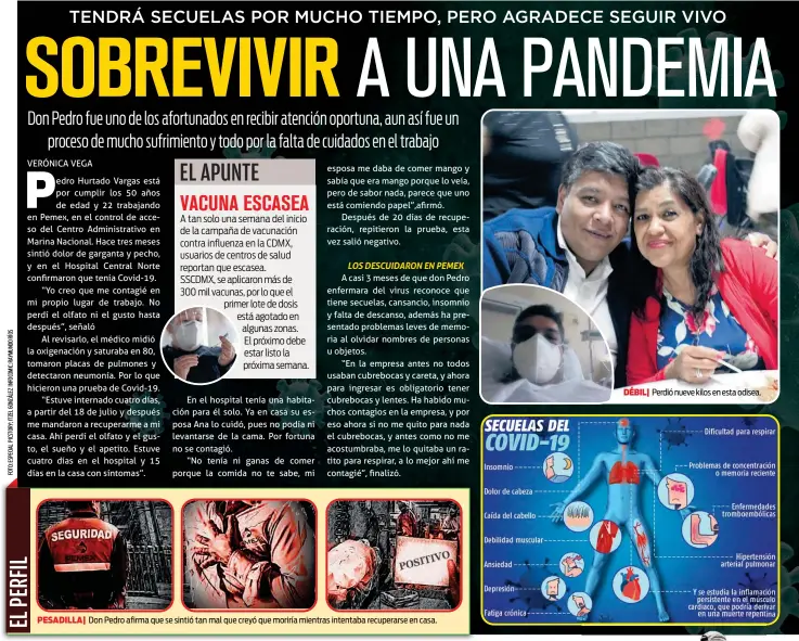  ??  ?? PESADILLA| Don Pedro afirma que se sintió tan mal que creyó que moriría mientras intentaba recuperars­e en casa.
DÉBIL| Perdió nueve kilos en esta odisea.