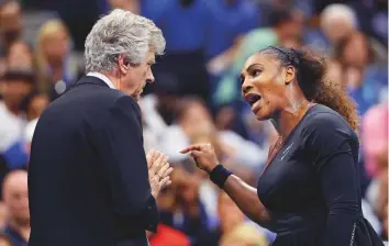  ?? AP file ?? Serena Williams (right) talks with referee Brian Earley during the US Open women’s final against Naomi Osaka in New York on Saturday.