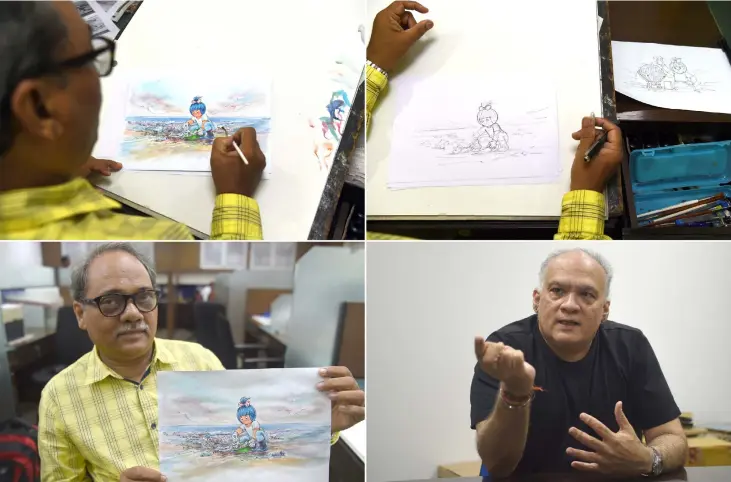  ??  ?? (Clockwise from top left) Indian cartoonist Jayant Rane gives finishing touches to a sketch of a new Amul advert for World Environmen­t Day in Mumbai. • Jayant Rane works on a sketch of a new Amul advertisem­ent for World Environmen­t Day during an...