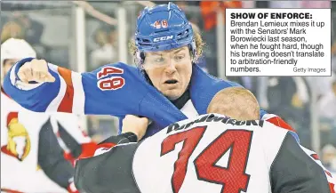  ?? Getty Images ?? SHOW OF ENFORCE: Brendan Lemieux mixes it up with the Senators’ Mark Borowiecki last season, when he fought hard, though his brawling doesn’t translate to arbitratio­n-friendly numbers.