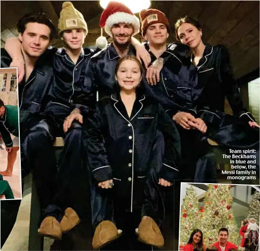  ??  ?? Team spirit: The Beckhams in blue and below, the Messi family in monograms