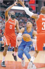  ?? MICHAEL WYKE/ASSOCIATED PRESS ?? Russell Westbrook (0) and his Oklahoma City teammates finished the regular season with a flourish to earn homecourt advantage for the first round of the postseason. The Thunder will face Utah.