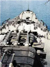  ?? ?? Crew exercise on the forward deck of Musashi, as seen from the bridge in June 1942