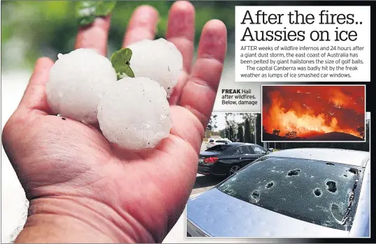  ??  ?? FREAK Hail after wildfires. Below, damage