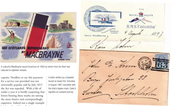  ??  ?? A colourful Macbrayne tourist brochure of 1950 by which time the fleet had reduced to eighteen vessels
A letter written by a Swedish tourist on board the ‘Columba’ in August 1897 cancelled with the ship’s duplex mark. Code A signifies an outward journey