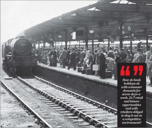  ??  ?? HISTORIC BREAK: Passengers line a platform at Leeds City Station for a Whitsun bank holiday getaway in May 1955.