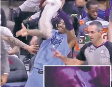  ?? ?? THROWING AWAY HIS SHOT: All-Star Memphis Grizzlies point guard Ja Morant celebrates a teammate’s 3-pointer last week with a finger gun (above), days after a report that he’d allegedly flashed a gun at a teen last summer. Over the weekend, Morant posted video on Instagram (right) showing off a gun at a nightclub.