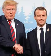  ??  ?? Ouch! Trump winces at Macron’s grip