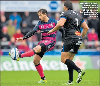  ?? Picture: DAN MULLAN ?? WINNING EDGE: Cipriani kicks off the outside of his boot as he orchestrat­es Gloucester’s victory