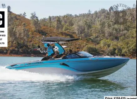  ??  ?? Price: $153,415 (as tested)
SPECS: LOA: 24'0" BEAM: 8'6" DRAFT: 3'0" DRY WEIGHT: 5,250 lb. BALLAST: 4,800 lb. SEAT/WEIGHT CAPACITY: 14/2,450 lb. FUEL CAPACITY: 63 gal. HOW WE TESTED: ENGINE: PCM 450 HO DRIVE/PROP: V-drive/4-blade 16:13 GEAR RATIO: 1.72:1 FUEL LOAD: 63 gal. CREW WEIGHT: 376 lb.