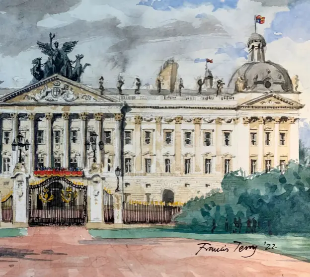  ?? ?? Francis Terry,
Francis Terry and Associates ‘I am unusual within my profession because I actually like Buckingham Palace, but if I was going to change it, this is what I would do:
1) It has a dull silhouette that needs to be enlivened
2) The central portico would benefit from being widened
3) I would replace the small windows at the capital level with stone swags
4) The courtyard could do with a few trees framing the entrance.
‘Apart from these small tweaks, the rest should stay as it is.’