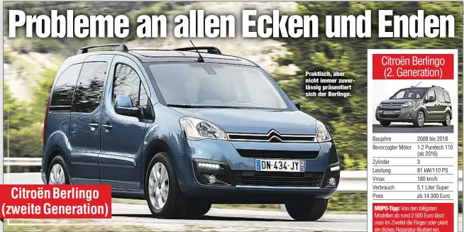  ??  ?? Praktisch, aber nicht immer zuverlässi­g präsentier­t sich der Berlingo.
Citroën Berlingo (zweite Generation)