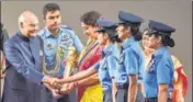  ?? PTI ?? IAF’s first women fighter pilots, Avani Chaturvedi, Bhawanna Kanth and Mohana Singh, awarded the Nari Shakti Puraskar by President Ram Nath Kovind at Rashtrapat­i Bhavan on Sunday. >>P8