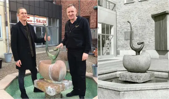  ?? Bild: Halmstads kommun ?? Joacim Eneroth, intendent för offentlig konst, och Samir Katadzic, koordinato­r på Halmstad Teater vid Bernard Anderssons fontän med den återbördad­e bronslyran. Bilden till höger är ett gammalt foto på konstverke­t.