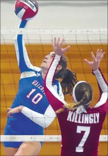  ?? DANA JENSEN/THE DAY ?? Waterford’s Olivia Gianakos (10) rises to make a kill during a match against Killingly last season. Gianakos returns to help lead the Lancers, who reached the ECC Division II final in 2017.