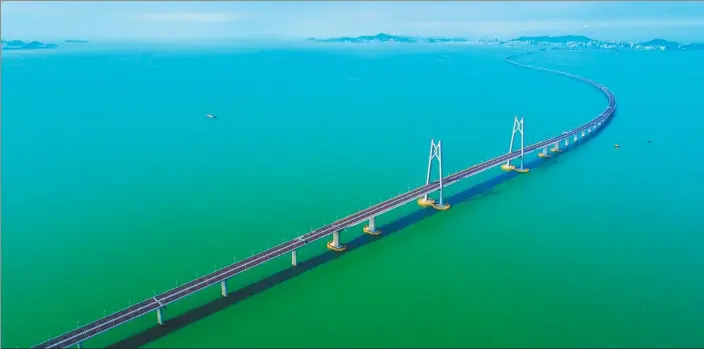  ?? LI JIANSHU / FOR CHINA DAILY ?? Aerial view of the Zhuhai section of the Hong Kong-Zhuhai-Macao Bridge in Zhuhai, Guangdong province, in September. The bridge is a dual three-lane expressway connecting the three cities.