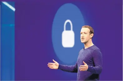  ?? MARCIO JOSE SANCHEZ/ASSOCIATED PRESS ?? Facebook CEO Mark Zuckerberg delivers the keynote speech at F8, the Facebook developer conference, on Tuesday in San Jose, Calif.. Zuckerberg pledged the company will build its way out of its worst-ever privacy debacle.