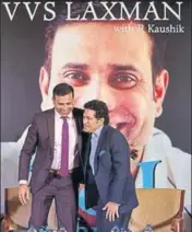  ?? SATYABRATA TRIPATHY/HT ?? Sachin Tendulkar greets VVS Laxman at the launch of his autobiogra­phy "281 And Beyond" in Mumbai.