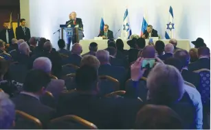  ?? (Haim Zach/GPO) ?? PRIME MINISTER Benjamin Netanyahu speaks to Jewish leaders in Moscow yesterday.