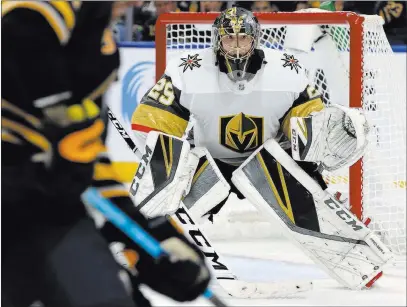  ?? Jeffrey T. Barnes ?? The Associated Press Golden Knights goalie Marc-andre Fleury stares down the Buffalo offense in the Sabres’ 4-2 victory on Monday in Buffalo, N.Y.