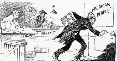  ??  ?? ¿QUIÉN ES EL JEFE? Esta tira cómica, titulada “Yendo a hablar con el jefe”, caricaturi­za a Woodrow Wilson como subordinad­o de la Liga de las Naciones, creada en 1919.