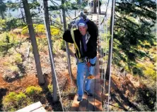  ??  ?? Outdoorsma­n Bob Simms, 70, traverses a sky bridge on a tree canopy tour on ziplines, bridges, rappels, step-off platform.