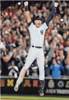  ?? JULIE JACOBSON/AP ?? Former Yankees shortstop Derek Jeter reacts after hitting the game-winning single against the Orioles in a 2014 game in New York.