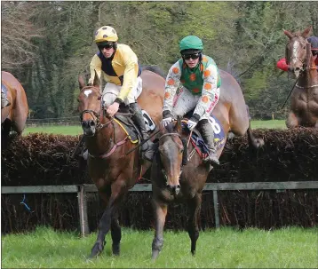  ??  ?? Winner, Turndownth­evolume, ridden by Barry O’Neill ( left) jumping with Starozov, ridden by Rob James in The Cooney Furlong, winner of two race at the Bree Hunt point to point at Monksgrang­e, Rathnure on Sunday.