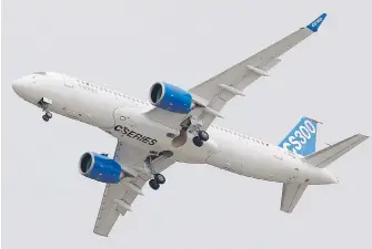  ?? FRANCOIS MORI, THE ASSOCIATED PRESS ?? The Bombardier CS 300 performs its demonstrat­ion flight during the Paris Air Show, at Le Bourget airport, north of Paris in 2015.